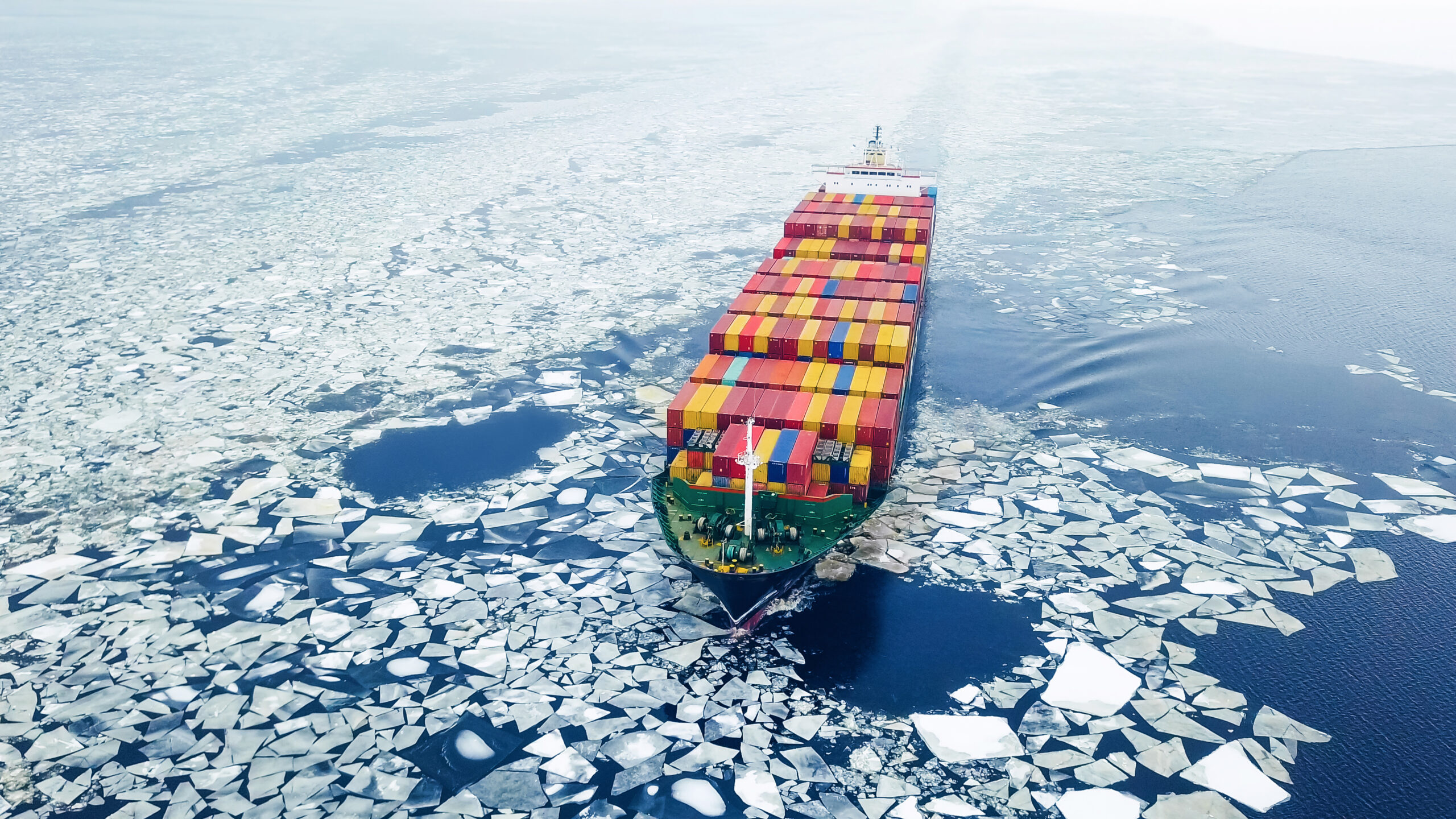 Container ship in the sea at winter time