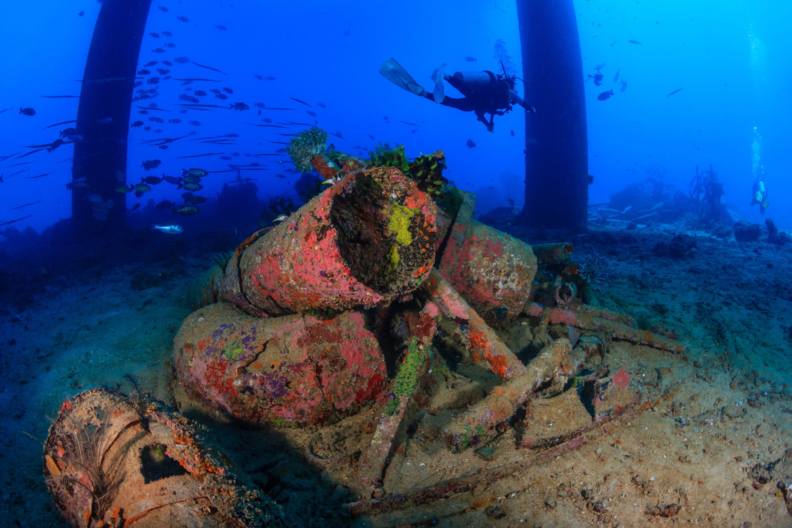 A seemingly abandoned oil delinquent offshore oil pipeline underwater, while a diver is nearby.