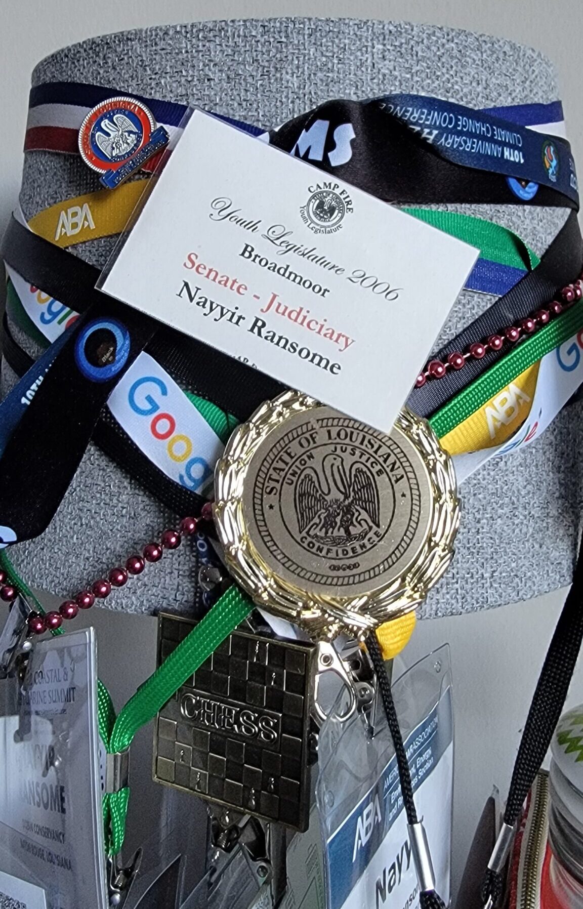 Collection of metals won by Nayyir Ransome and lanyards from various conferences and award ceremonies for Youth Legislature.