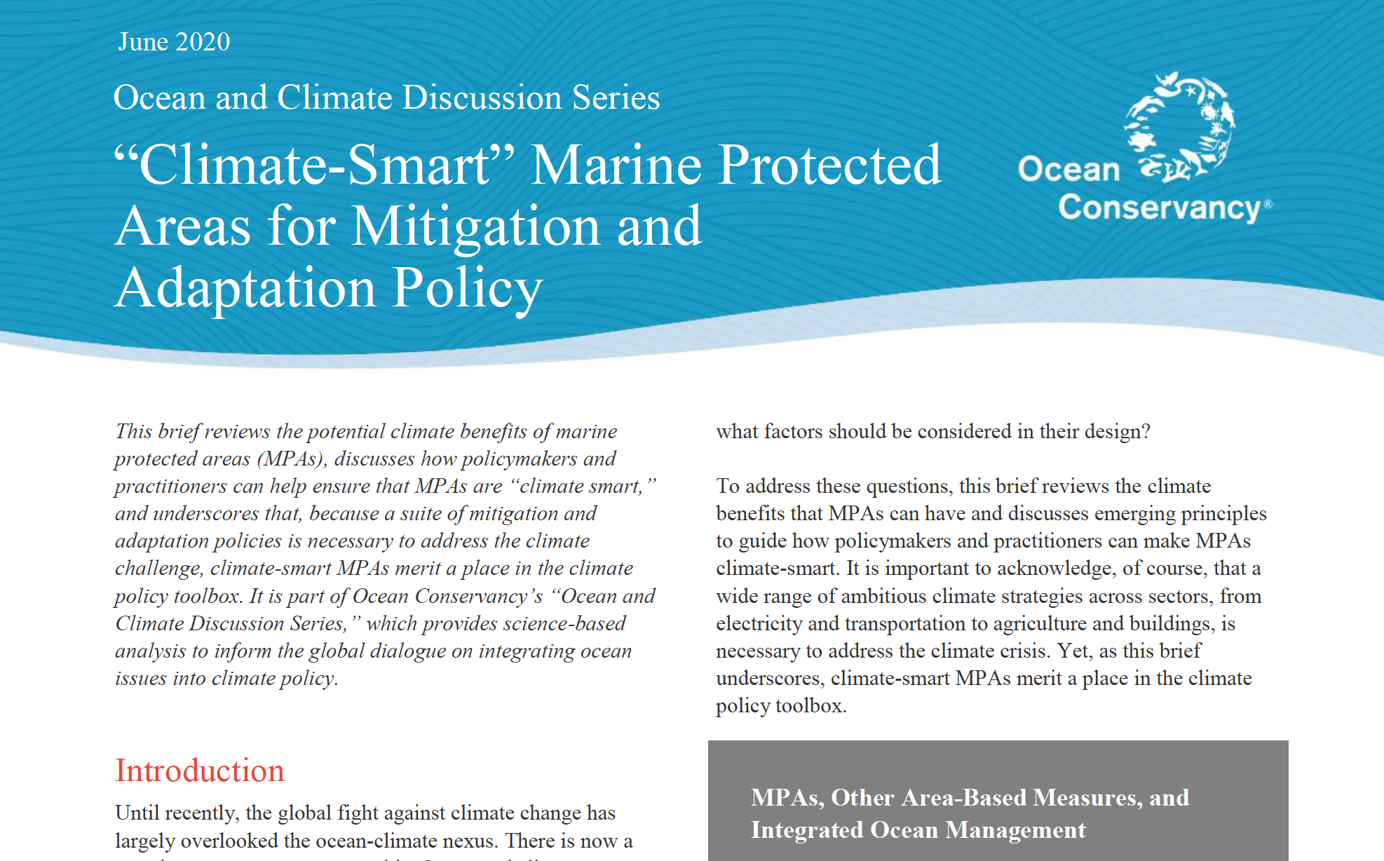 "Climate-Smart" Marine Protected Areas for Mitigation and Adaptation Policy report cover